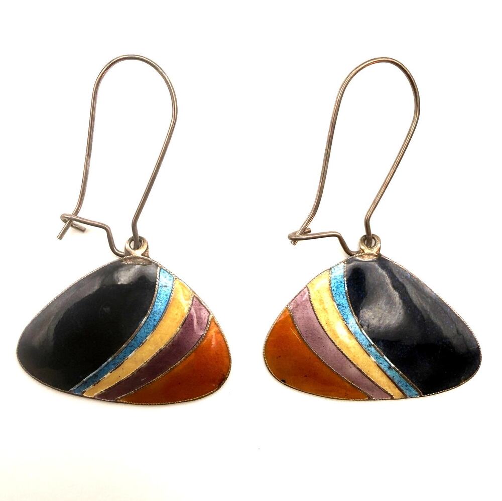 Vintage Silver Enamel Earrings Geometric Rainbow Stripe Modernist Kidney Wire